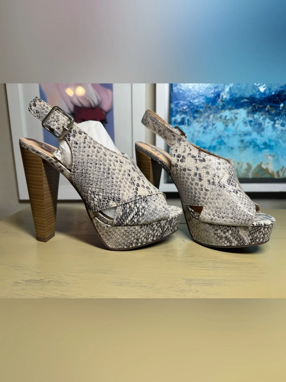 Snake-Print Platform Slingback Heels - Cream/Black
